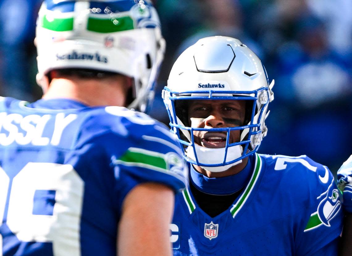 Seattle Seahawks quarterback Geno Smith (7) huddles before the play during the second quarter of the game against the Cleveland Browns at Lumen Field, Sunday, Oct. 29, 2023, in Seattle, Wash. Brian Hayes/bhayes@thenewstribune.com