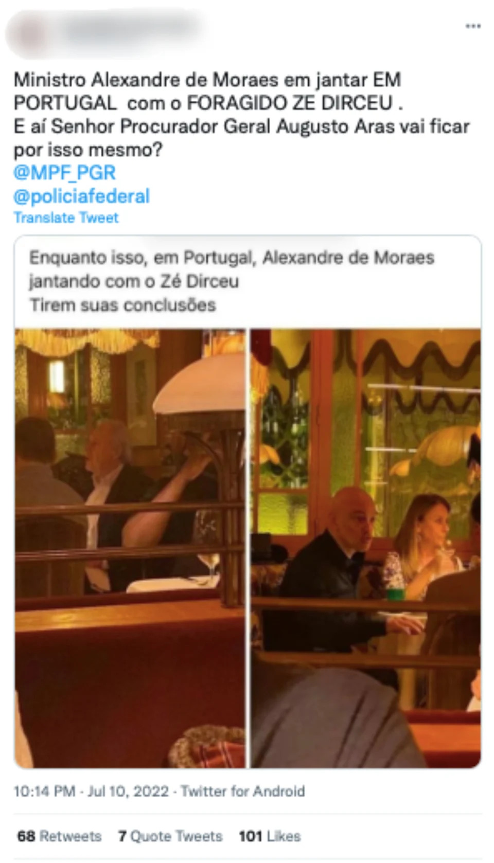 Captura de tela de uma publicação que supostamente mostraria Alexandre de Moraes jantando com José Dirceu (Foto: Twitter / Reprodução)
