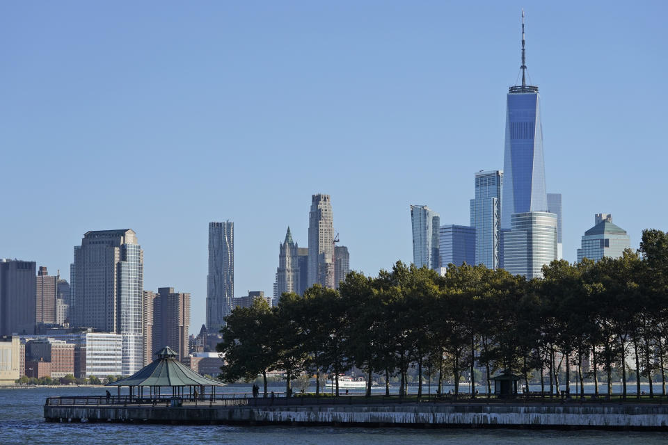 A view of lower Manhattan from Hoboken, N.J., Thursday, Oct. 20, 2022. After Superstorm Sandy struck the northeast U.S. in 2012, an unprecedented effort began to fortify the densely populated coastline against the next big storm. Then, last year, the region learned that even all those precautions might not be enough in an age of more powerful storms. (AP Photo/Seth Wenig)