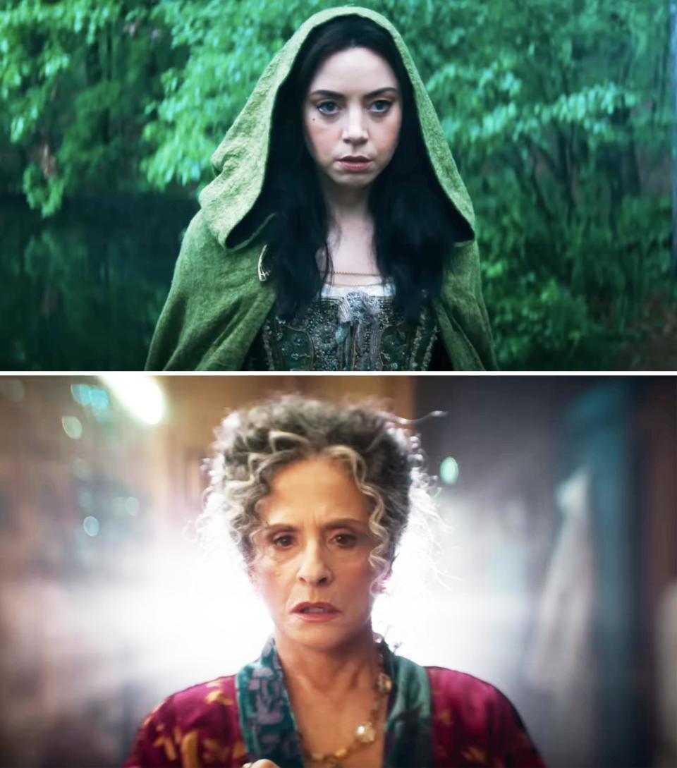 Aubrey Plaza in a hooded medieval-style outfit; Patti LuPone in vintage attire with curly hair, both in scenes from 'Agatha: Coven of Chaos'