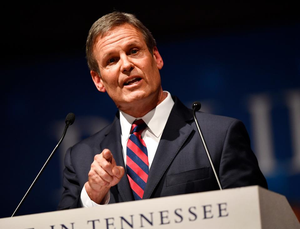 Gov. Bill Lee speaks to the crowd during his inauguration as the 50th governor of Tennessee at War Memorial Auditorium in Nashville, Tenn., Saturday, Jan. 19, 2019.