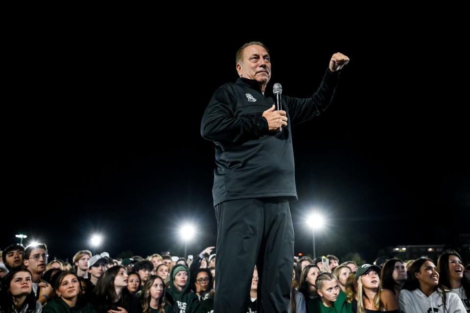 Tom Izzo addresses the crowd during the Izzone campout on Friday, Oct. 4, 2024, at Munn Field in East Lansing.