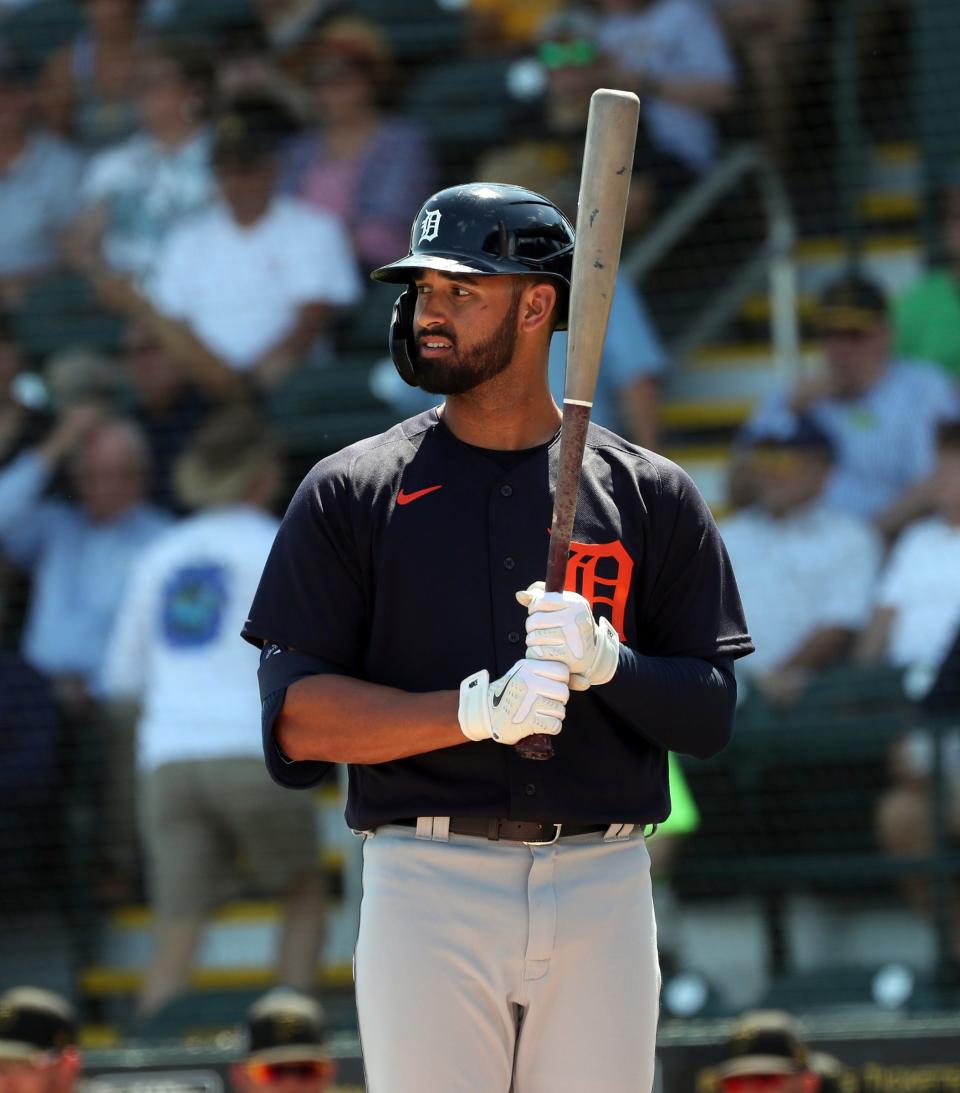 Tigers outfielder Riley Greene bats against Pittsburgh Pirates starter Mitch Keller during the first inning of Grapefruit League action at LECOM Park on Saturday, March 19, 2022 in Bradenton, Florida.