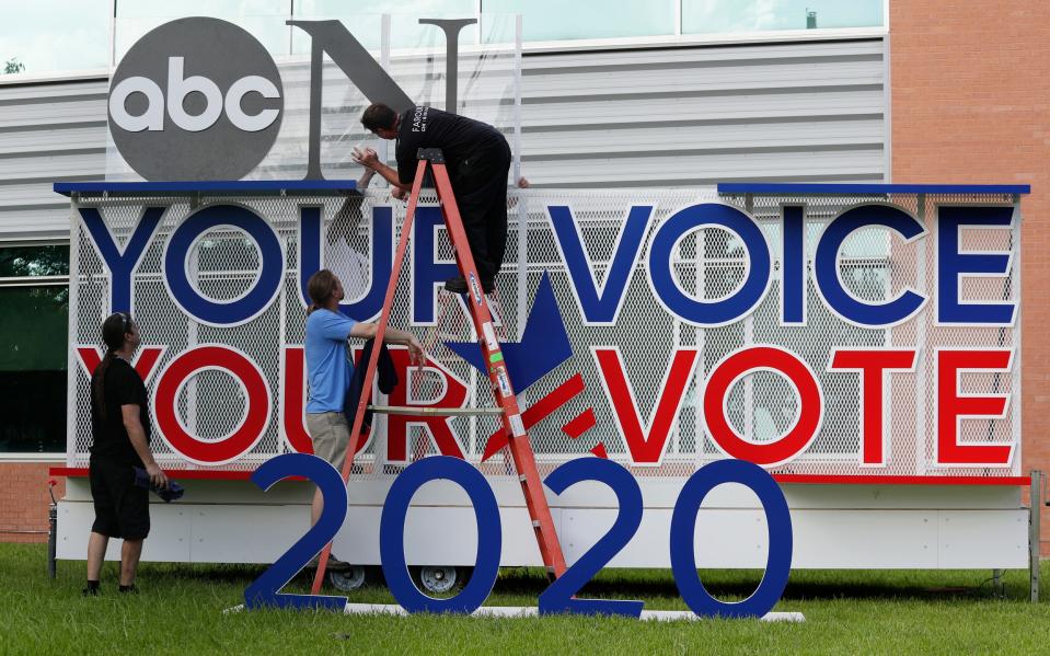 Signage is erected for the upcoming Democratic presidential primary debates hosted by ABC on the campus of Texas Southern University, Wednesday, Sept. 11, 2019, in Houston.