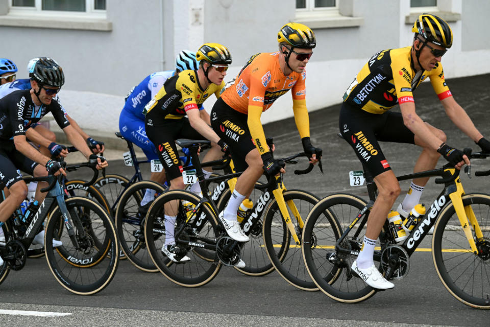 LA CHAUXDEFONDS SWITZERLAND  APRIL 27 LR Thomas Gloag of United Kingdom Tobias Foss of Norway and Team JumboVisma  Orange points jersey and Robert Gesink of The Netherlands and Team JumboVisma compete during the 76th Tour De Romandie 2023 Stage 2 a 1627km stage from Morteau to La ChauxdeFonds  UCIWT  on April 27 2023 in La ChauxdeFonds Switzerland Photo by Dario BelingheriGetty Images