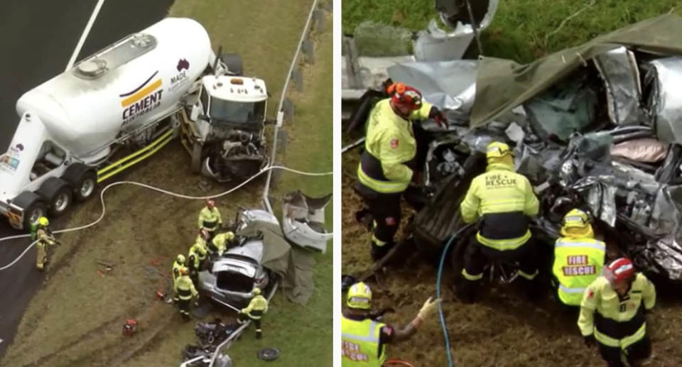 The car next to the truck on the Hume Highway in Menangle Park (left) and the smashed up car (right). 