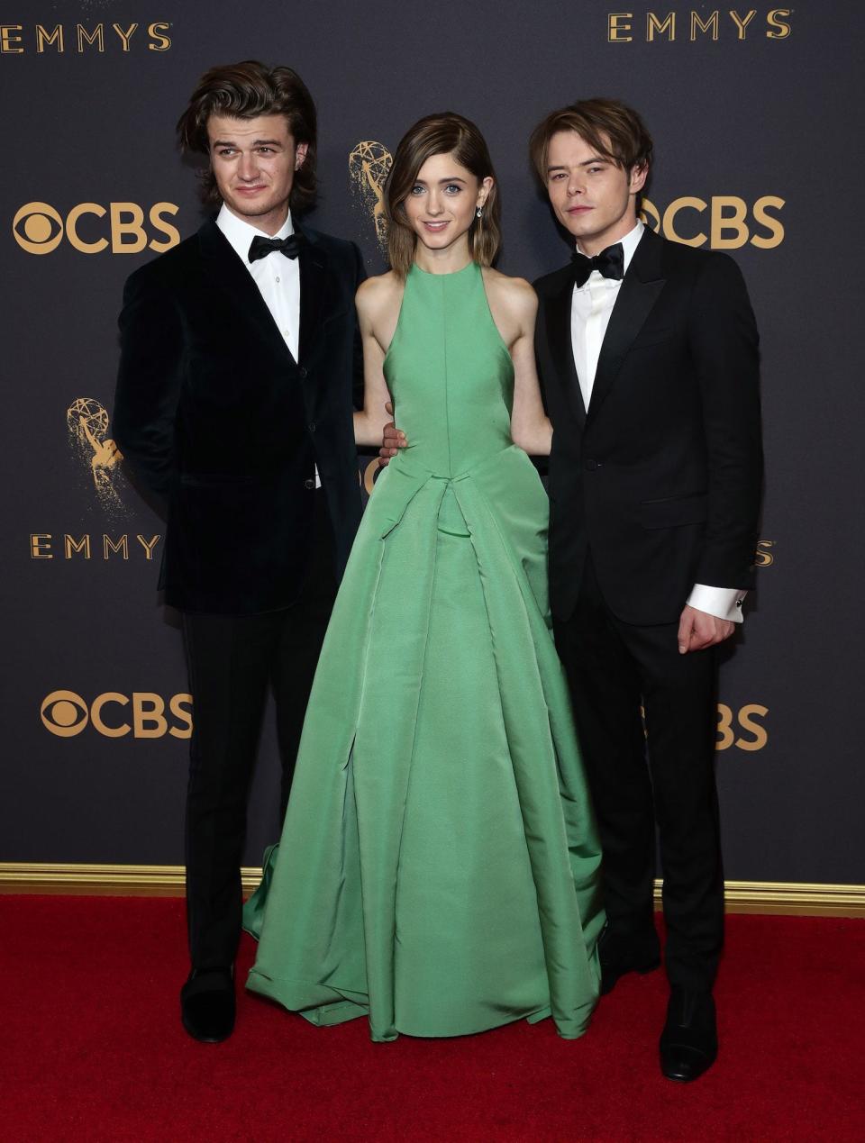 Joe Keery, Natalia Dyer, and Charlie Heaton at the Emmys on September 17, 2017.