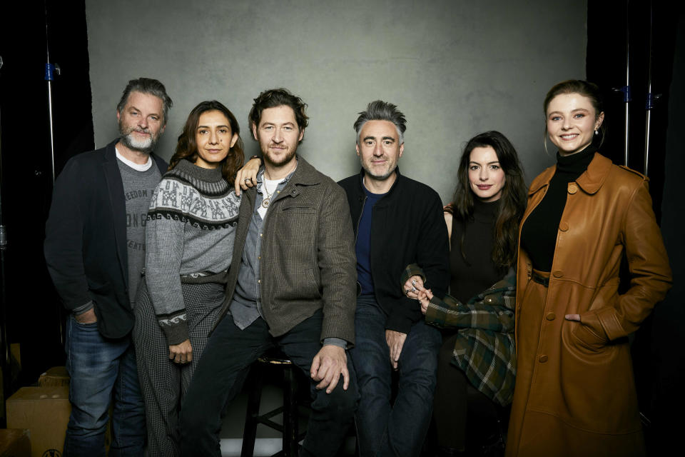 Shea Whigham, from left, writer Ottessa Moshfegh, writer Luke Goebel, director William Oldroyd, Anne Hathaway, and Thomasin McKenzie poses for a portrait to promote the film "Eileen" at the Latinx House during the Sundance Film Festival on Saturday, Jan. 21, 2023, in Park City, Utah. (Photo by Taylor Jewell/Invision/AP)