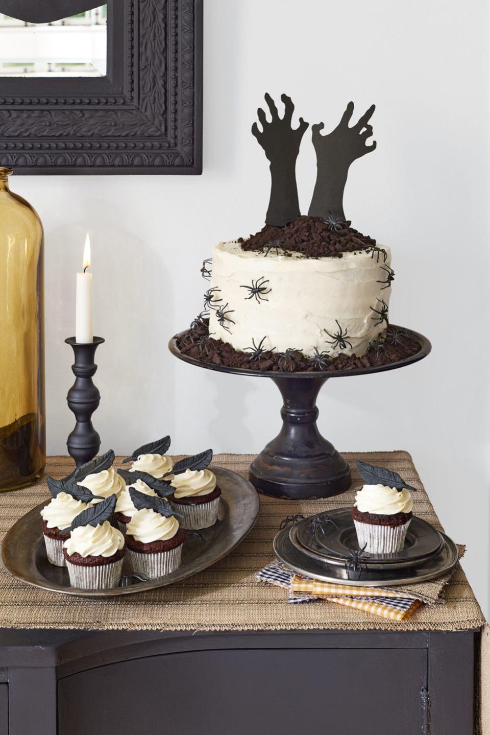 "Help Me!" Cake and Raven Feather Cupcakes