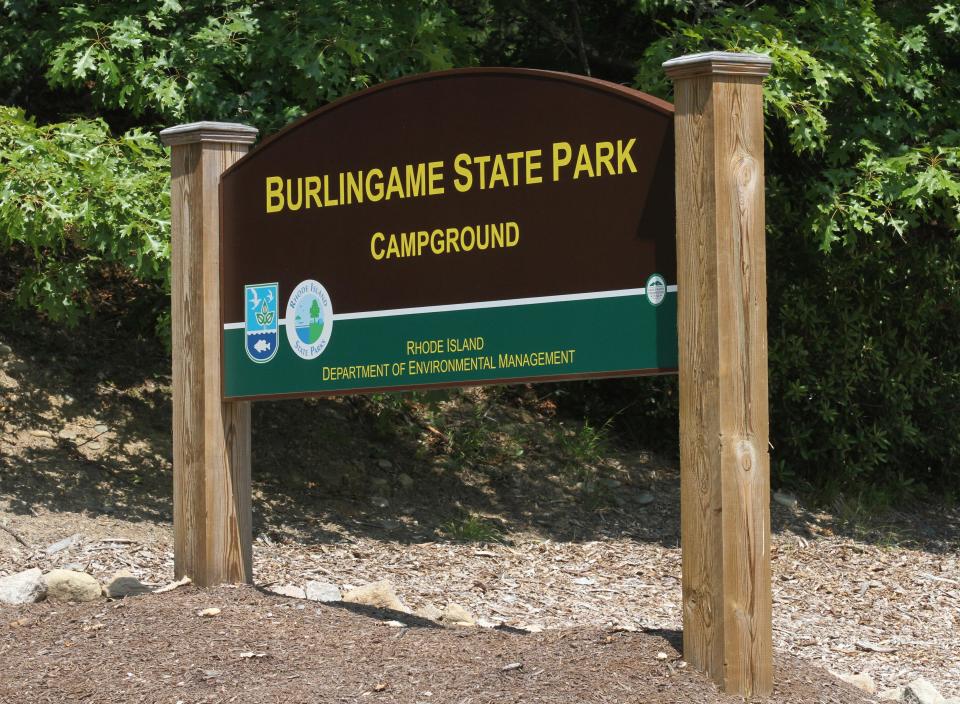 The sign at the entrance to the campground at Burlingame State Park in Charlestown.