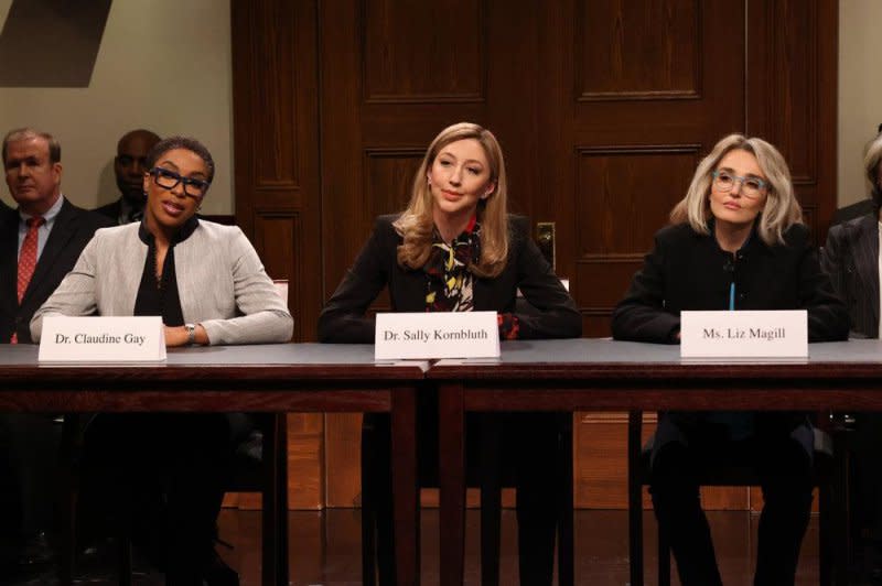 Left to right, Ego Nwodim, Heidi Gardner and Chloe Fineman play university presidents Claudine Gay, Sally Kornbluth and Liz Magill on "Saturday Night Live." Photo courtesy of NBC