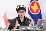 Indonesia's Foreign Minister Retno Marsudi speaks during a virtual informal meeting with foreign ministers and representatives of the Association of Southeast Asian Nations (ASEAN), in Jakarta