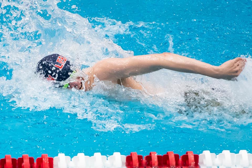 Lebanon's Carlos Hidalgo competes in the 50 yard freestyle during the PIAA District 3 Class 3A swimming championships at Cumberland Valley High School in Mechanicsburg on Saturday, March 6, 2021. 