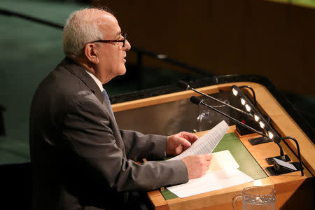 Palestinian Ambassador to the United Nations Riyad Mansour addresses a United Nations General Assembly meeting ahead of a vote on a draft resolution that would deplore the use of excessive force by Israeli troops against Palestinian civilians at U.N. headquarters in New York, U.S., June 13, 2018. REUTERS/Mike Segar