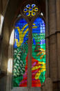 The Queen's Window, a new stained glass window designed by British artist David Hockney, can be seen at Westminster Abbey in London, Britain, September 26, 2018. Victoria Jones/Pool via REUTERS