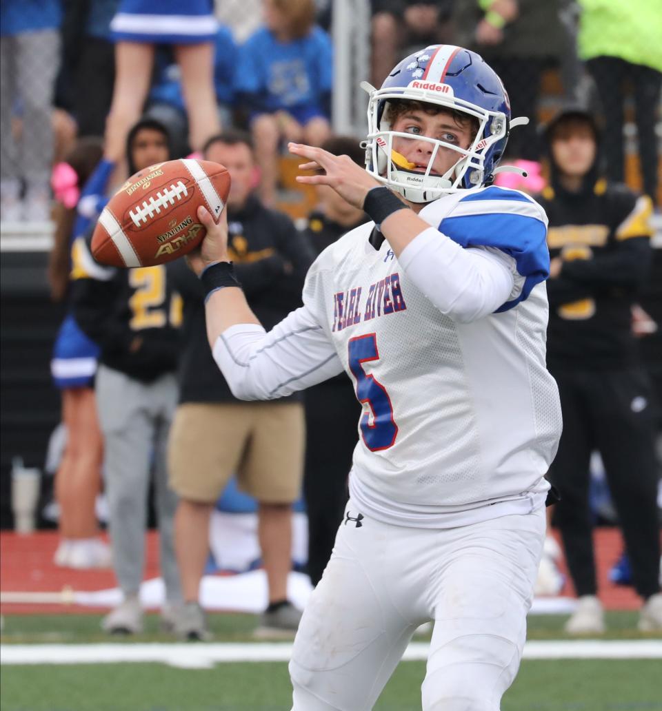 Pearl River quarterback Jack Whelan passes against Pearl River at Nanuet High School, Oct. 21, 2023.