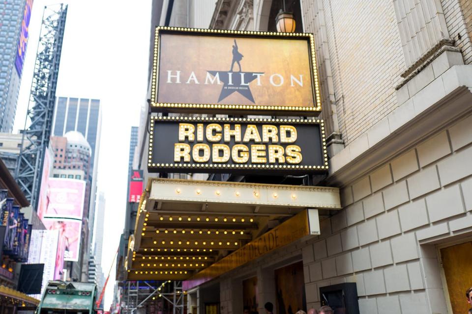 Marquee for the musical Hamilton at the Richard Rodgers theatre, New York City, New York, July 7, 2016.