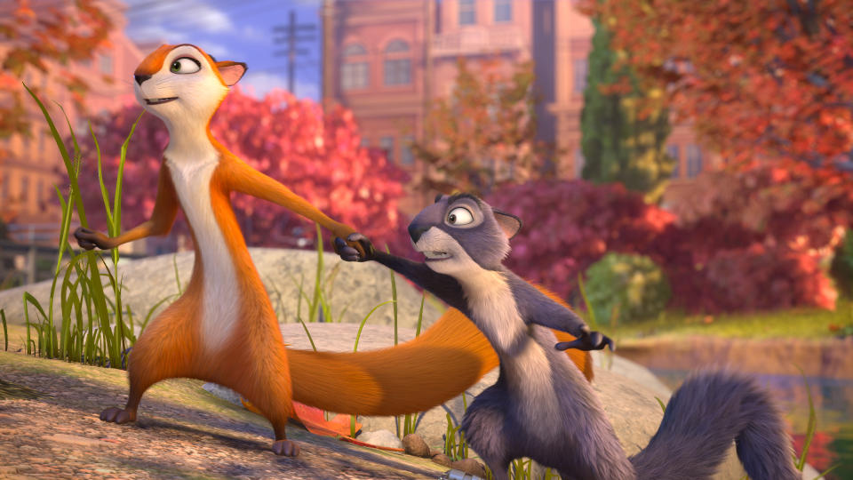 This image released by Open Road Films shows, Andie, voiced by Katherine Heigl, left, and Surly, voiced by Will Arnett, in a scene from "The Nut Job." (AP Photo/Open Road Films)