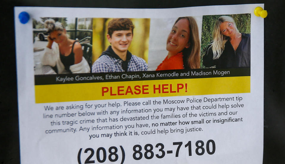 A flyer asks the public for information as police investigate the stabbing deaths of four University of Idaho students in Moscow, Idaho. / Credit: LINDSEY WASSON / REUTERS