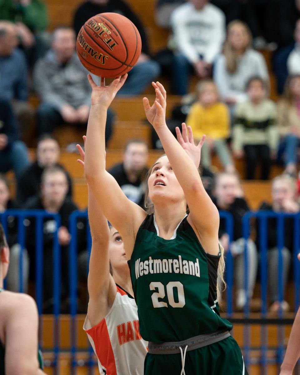 Westmoreland's Molly Nestved shoots the ball during the semifinal game of the 2022-23 Section III Class C Sectional Championships at Onondaga Community College in Syracuse on Sunday, February 26, 2023.