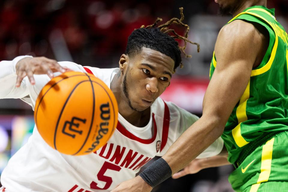 Utah Utes guard Deivon Smith (5) drives the ball during a game against the Oregon Ducks at the Huntsman Center in Salt Lake City on Jan. 21, 2024. The Utes won 80-77. | Marielle Scott, Deseret News