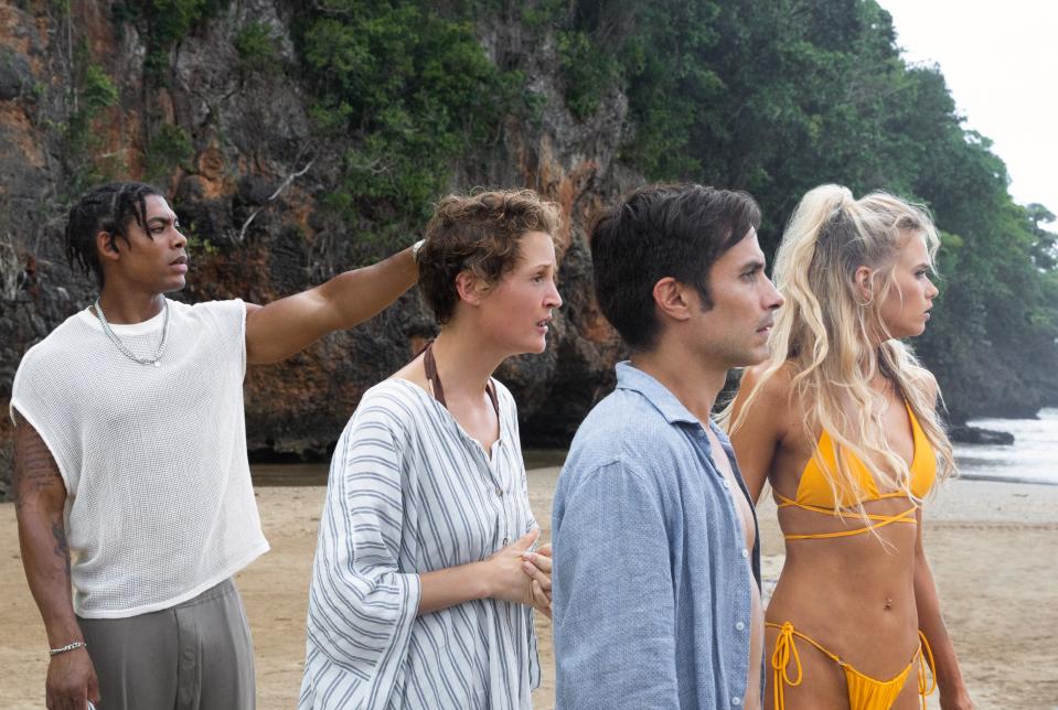 OLD, from left: Aaron Pierre, Vicky Krieps, Gael Garcia Bernal, Abbey Lee, 2021. ph: Phobymo / © Universal Pictures / Courtesy Everett Collection