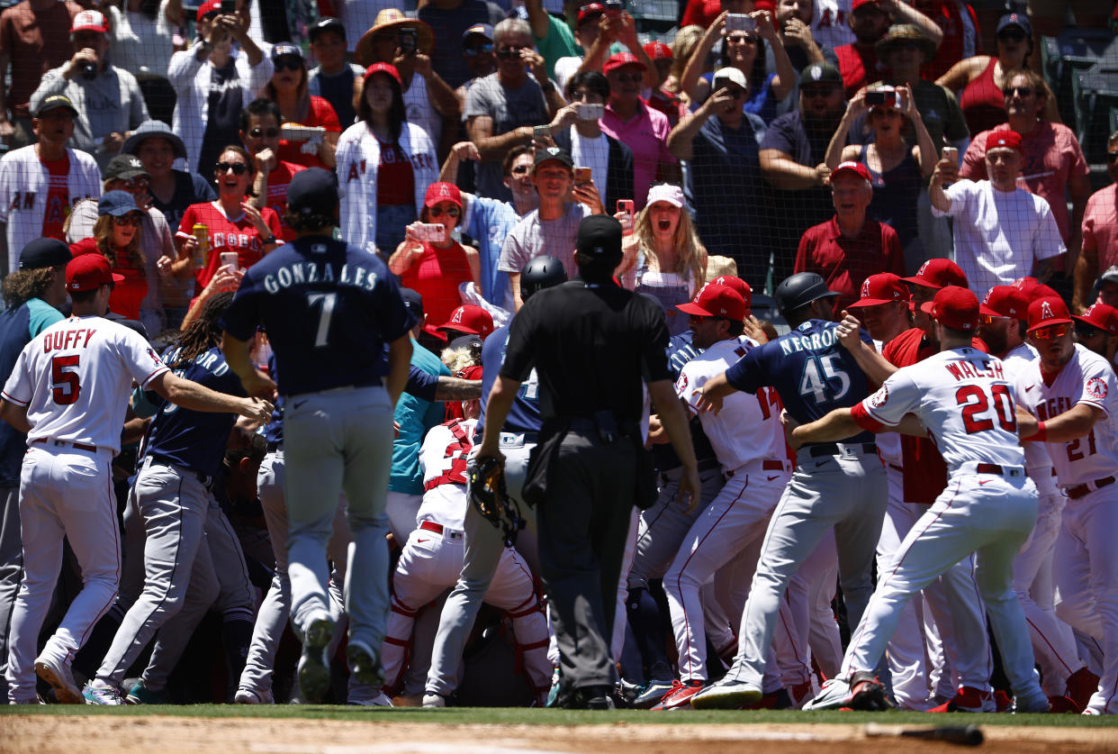 The Seattle Mariners and the Los Angeles Angels clear the benches