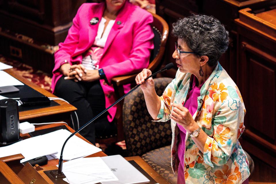 Sen. Janice Weiner, D-Iowa City, speaks during debate of amendments for SF 579, a 'fetal heartbeat' abortion ban, at the Iowa State Capitol on Tuesday, July 11, 2023, in Des Moines. 