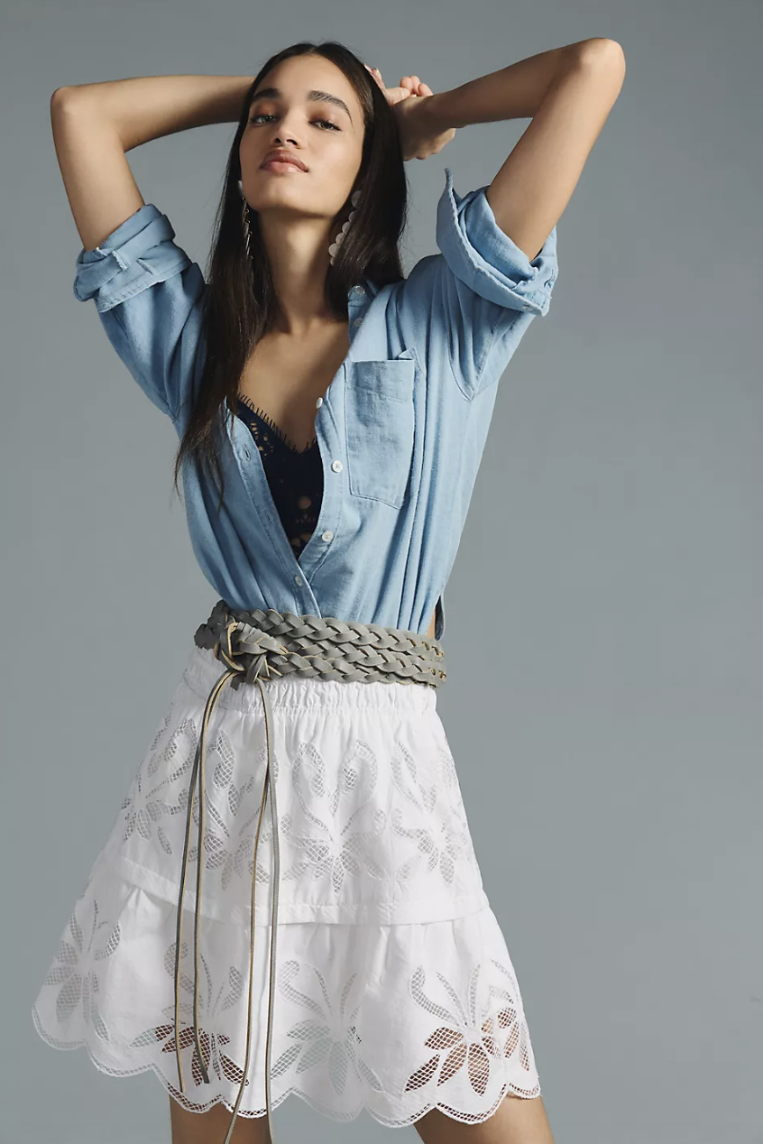 woman in denim skirt and white The Somerset Mini Skirt: Cutwork Edition (photo via Anthropologie)