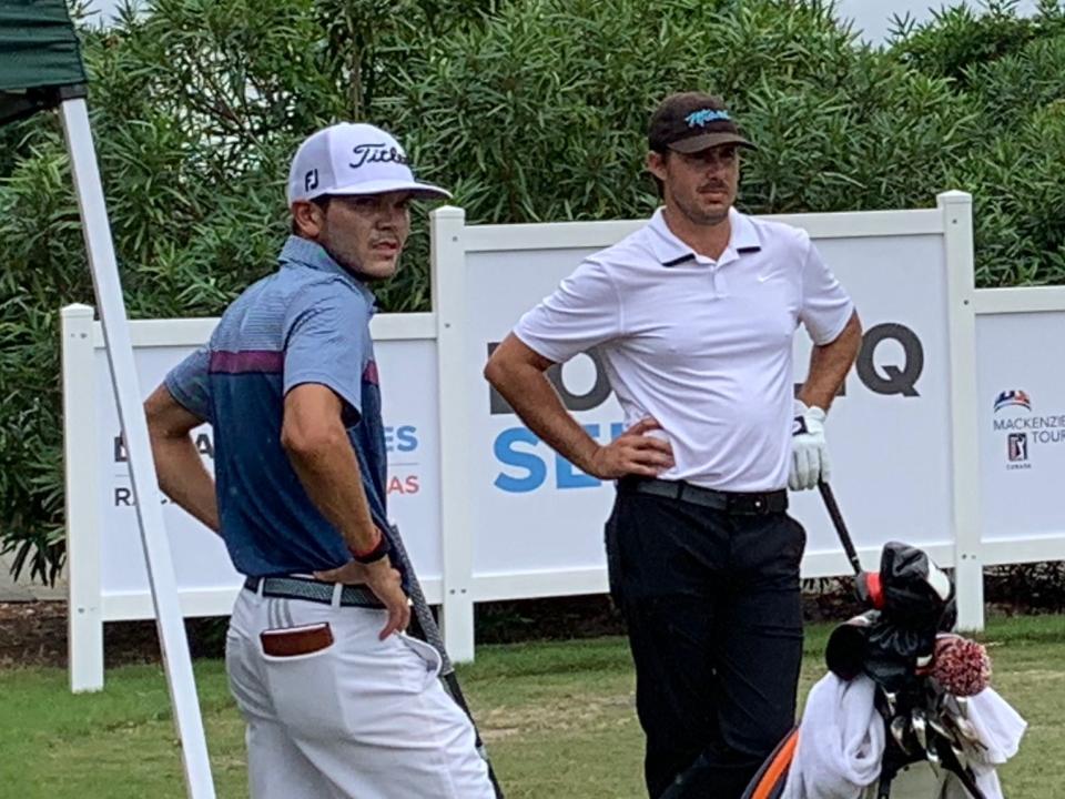 Former Jacksonville University golfer Raul Pereda (left), pictured playing with Chase Koepka in a Local HQ tournament in 2020 at Hidden Hills, is in contention at the Mexico Open.