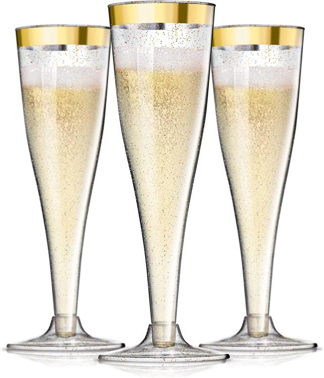 Plastic Champagne Flutes, Stemless Disposable Golden Rim Tasting