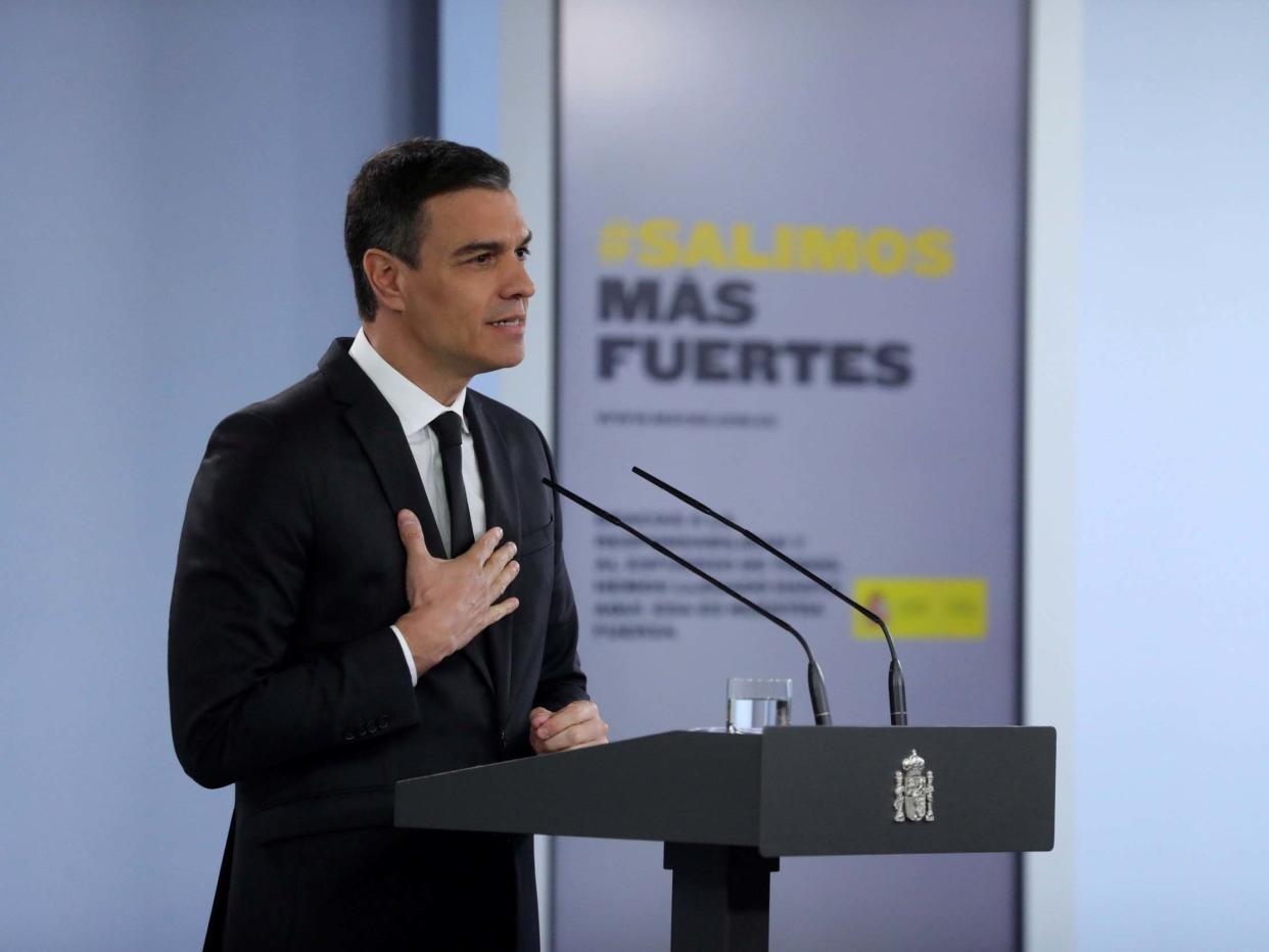 Spanish Prime Minister Pedro Sanchez attends a press conference after a meeting with the Spanish regional presidents on the coronavirus situation: EPA