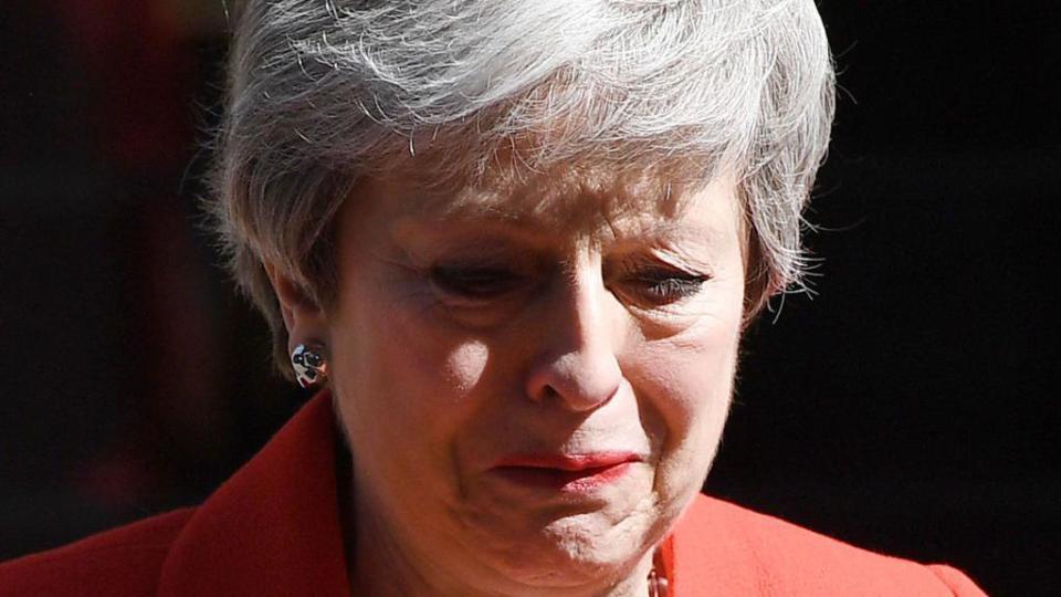 Prime Minister Theresa May announces she will resign outside 10 Downing Street on 24 May 2019 