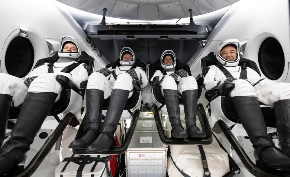 From left to right, Roscosmos cosmonaut Konstantin Borisov, European Space Agency astronaut Andreas Mogensen, NASA astronaut Jasmin Moghbeli, and Japan Aerospace Exploration Agency (JAXA) astronaut Satoshi Furukawa are photographed inside the SpaceX Dragon Endurance spacecraft shortly after landing Tuesday morning in the Gulf of Mexico. The craft was aboard a recovery ship after the four returned from six months in space as part of Expedition 70 aboard the International Space Station.