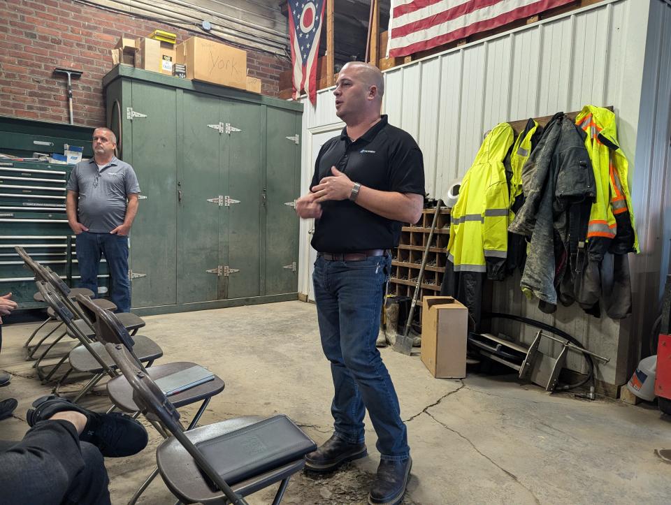 Jereme Kent, CEO, One Energy, right, and Joe Hopple, Whirlpool Clyde Director of Engineering, answer questions at the York Township facility Monday evening about Whirlpool Clyde's new green energy project. York Township is located in Sandusky County, Ohio.