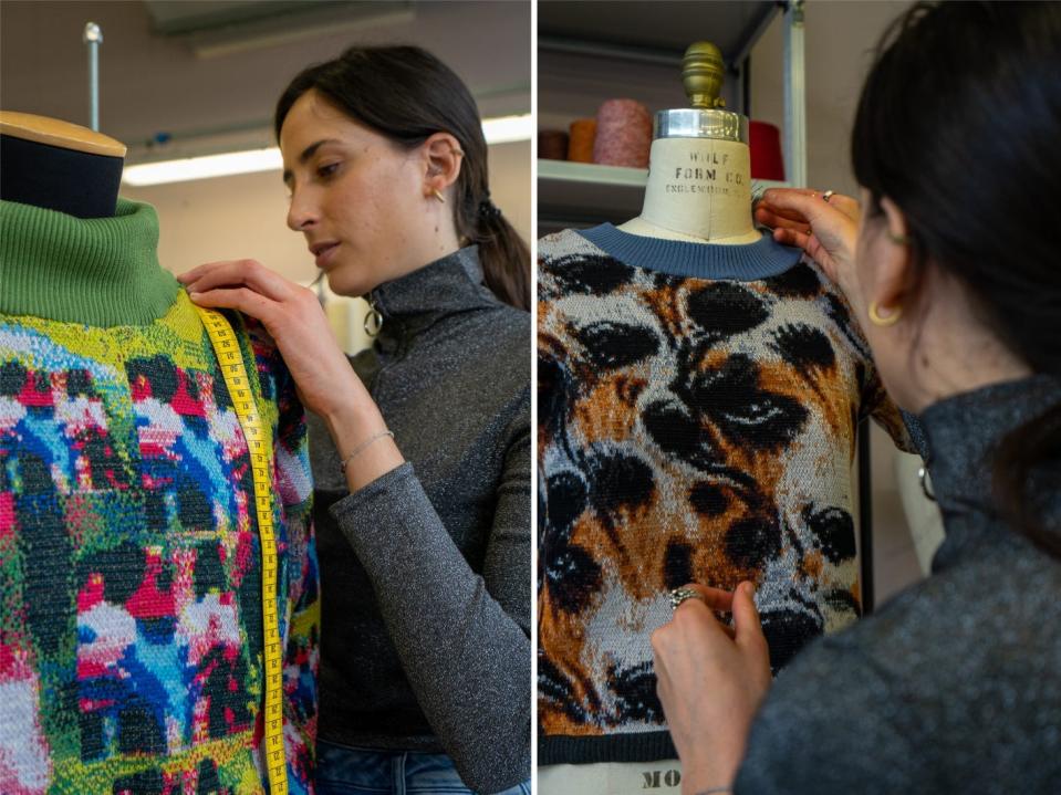 Two images of Rachele Didero taking measurements of her garments and making adjustments.