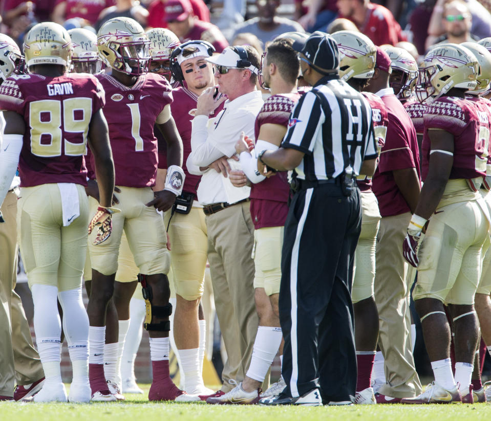 Randy Sanders, center, spent four seasons at Florida State before landing the head-coaching job at East Tennessee State. (AP Photo/Mark Wallheiser)