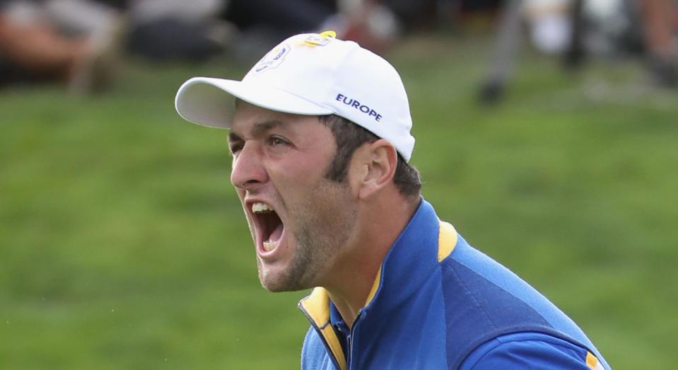 PARIS, FRANCE - SEPTEMBER 30: Jon Rahm of Europe celebrates winning his match on the 17th during singles matches of the 2018 Ryder Cup at Le Golf National on September 30, 2018 in Paris, France. (Photo by Christian Petersen/Getty Images)