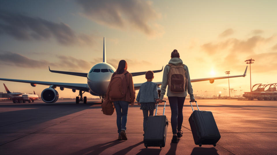 A family boarding an airplane with their suitcases, symbolic of the company's reach into the global travel industry.