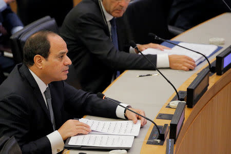 Egyptian President Abdel Fattah Al Sisi speaks during a high level meeting to discuss the current situation in Libya during the 72nd United Nations General Assembly at U.N. headquarters in New York, U.S., September 20, 2017. REUTERS/Lucas Jackson