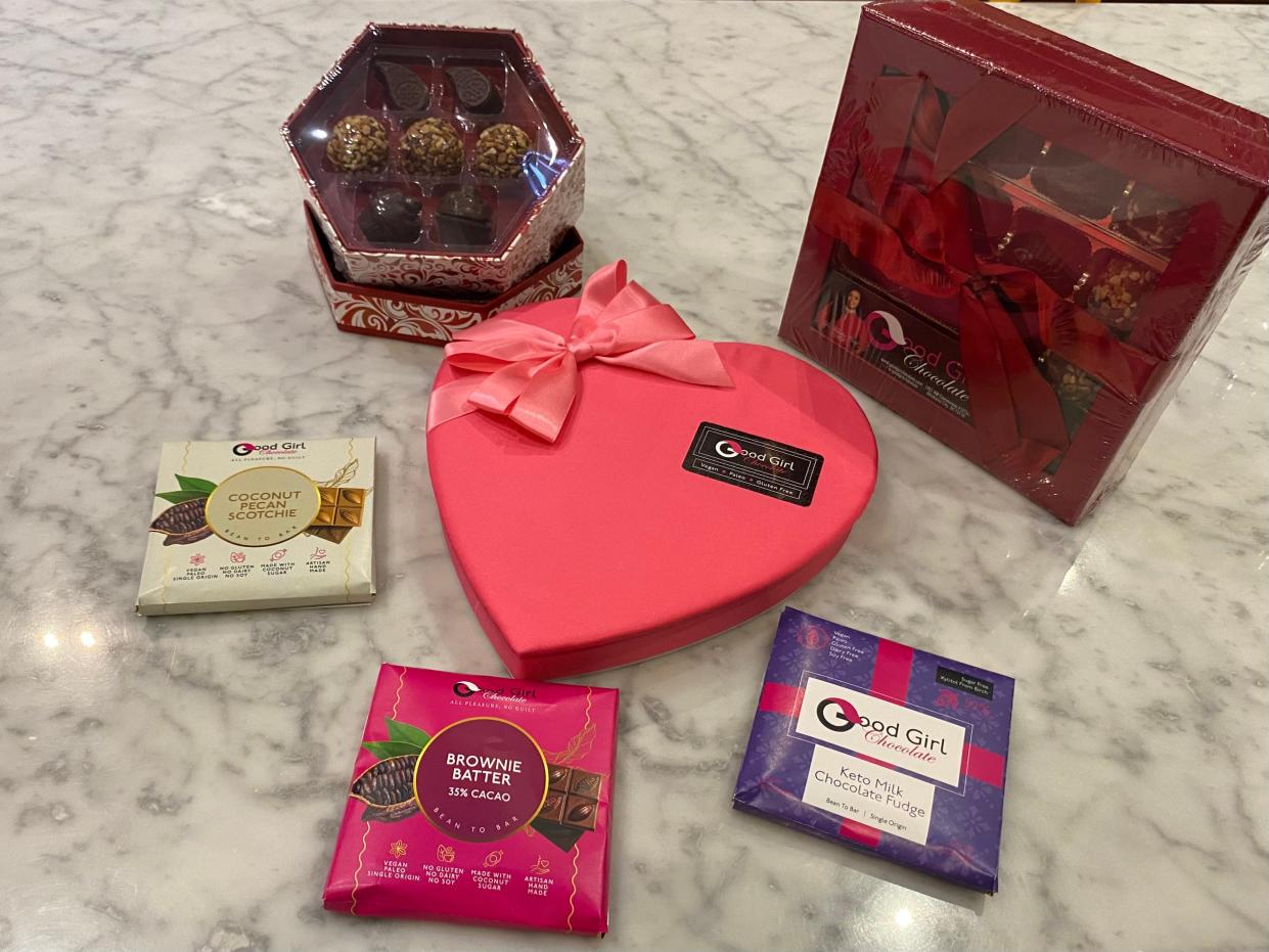 A selection of the various chocolates available at Good Girl Chocolate, including the 13-piece heart assortment, center, given to stars at this year’s Grammys.