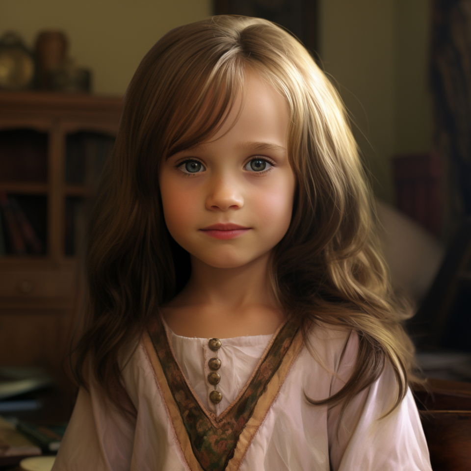 Digital artwork of a young girl with long hair, wearing a vintage-style dress, looking at the camera