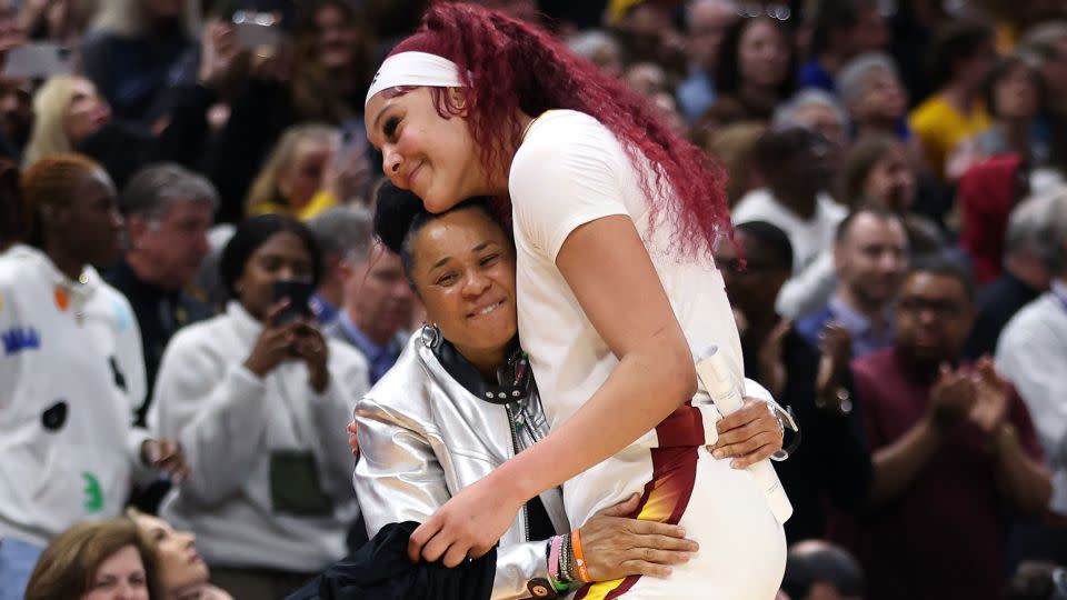 Kamilla Cardoso celebrates with head coach Dawn Staley of the South Carolina Gamecocks. - Gregory Shamus/Getty Images