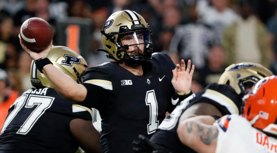 Purdue Boilermakers quarterback Hudson Card (1) passes the ball during the NCAA football game against the Syracuse Orange, Wednesday, July 12, 2023, at Ross-Ade Stadium in West Lafayette, Indiana.