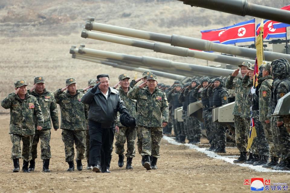 North Korean leader Kim Jong Un guides a military demonstration involving tank units, in North Korea (via REUTERS)