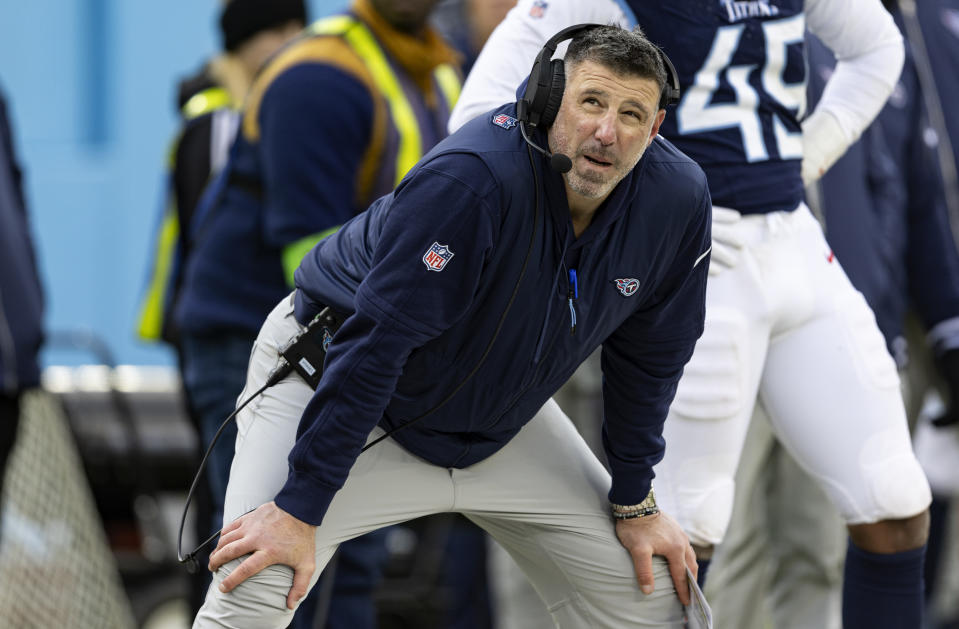 FILE - Tennessee Titans head coach Mike Vrabel watches play on the Jumbotron during an NFL football game against the Jacksonville Jaguars, Sunday, Jan. 7, 2024, in Nashville, Tenn. The Titans controlling owner Amy Adams Strunk wants a fresh approach to compete in the NFL, so she fired Vrabel on Tuesday morning, Jan. 9, 2024, after six seasons and losing 18 of the past 24 games. (AP Photo/Wade Payne, File)