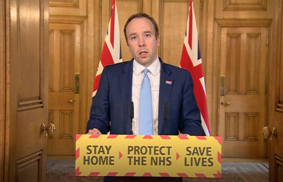 Screen grab of Health Secretary Matt Hancock who has tested positive for coronavirus, answering questions from the media via a video link during a media briefing in Downing Street, London, on coronavirus (COVID-19). (Photo by PA Video/PA Images via Getty Images)