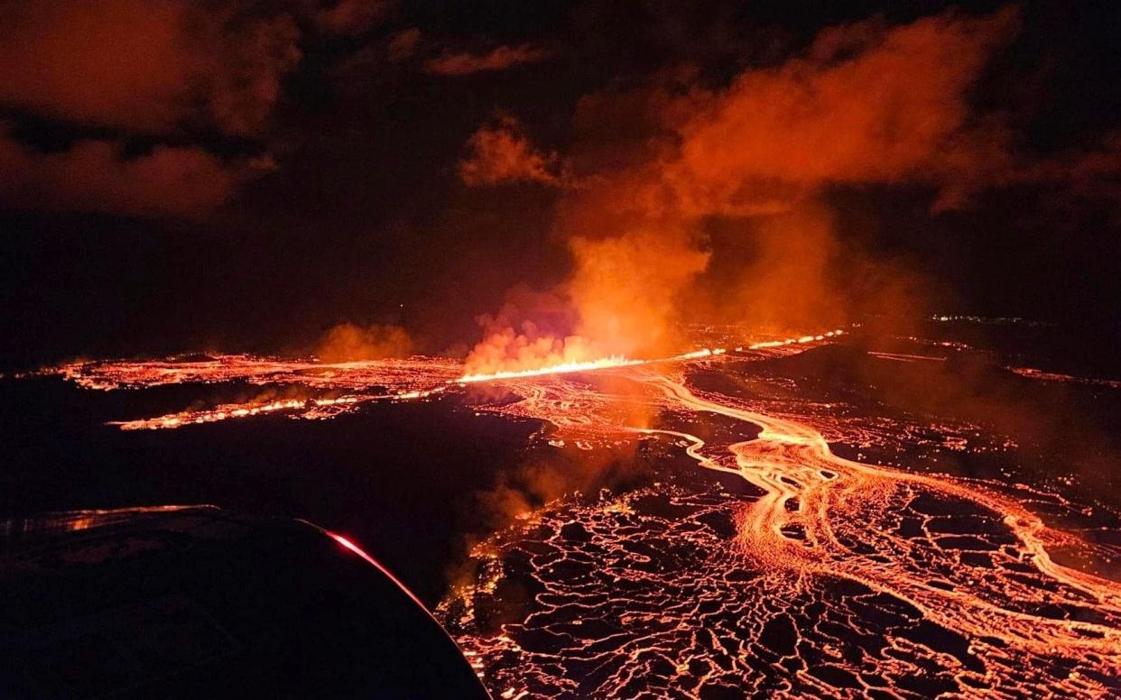 Lava spews out of fissures