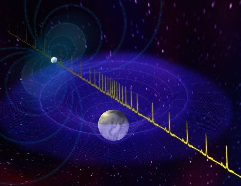 Artist impression of the pulse from a massive neutron star being delayed by the passage of a white dwarf star between the neutron star and Earth.