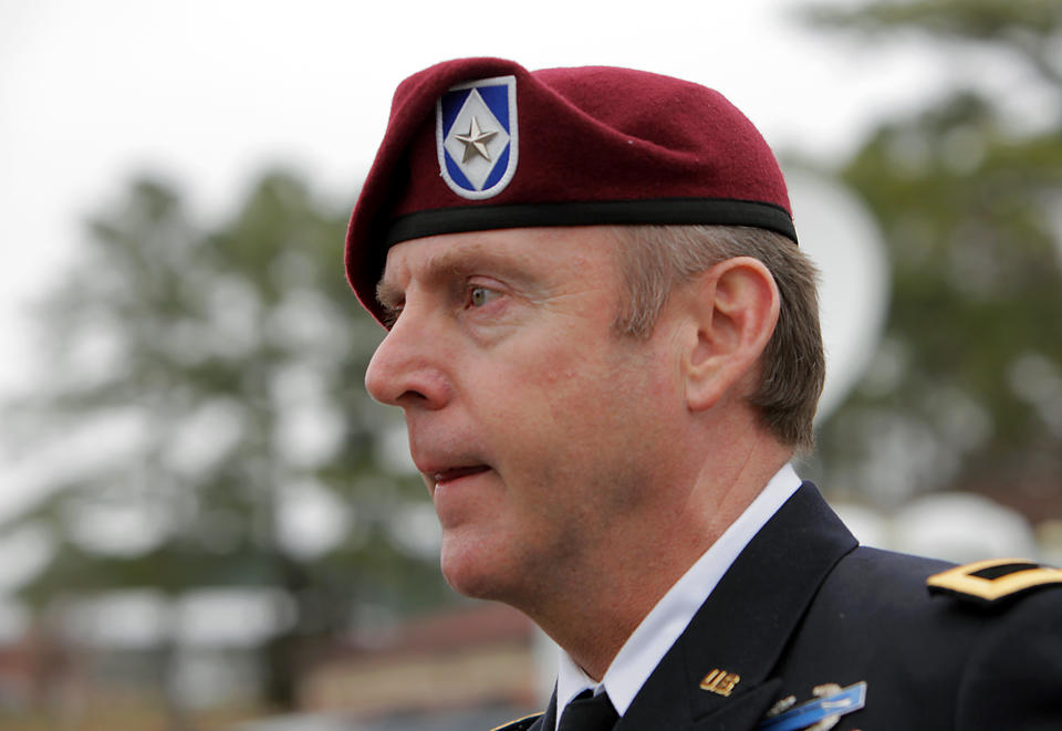Brig. Gen. Jeffrey Sinclair, who admitted to inappropriate relationships with three subordinates, leaves the courthouse at Fort Bragg, N.C., Wednesday, March 19, 2014. A sentence was not reached. (AP Photo/Ted Richardson)